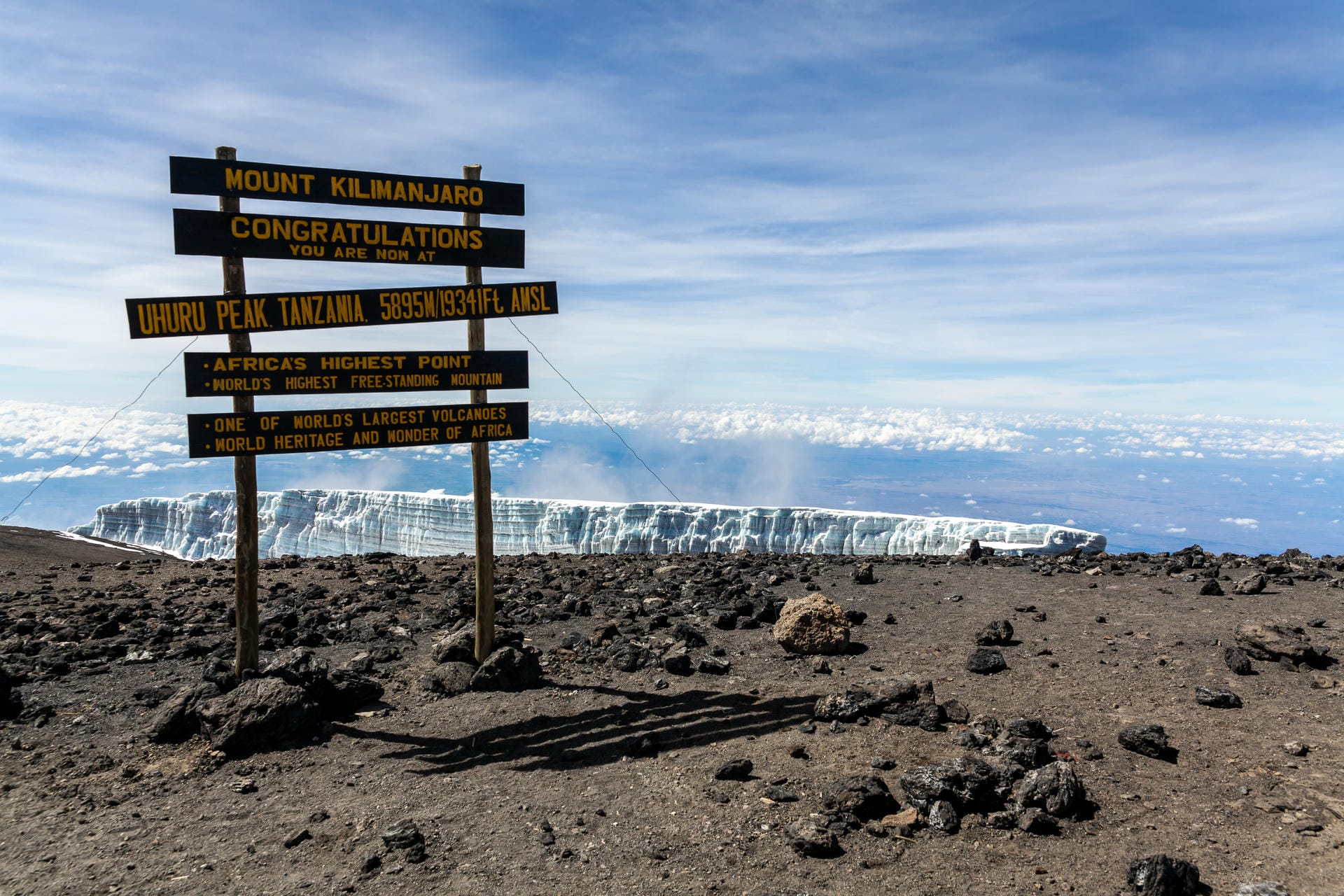 Auf dem Uhuru Peak, der höchste Punkt des Kilimanjaro